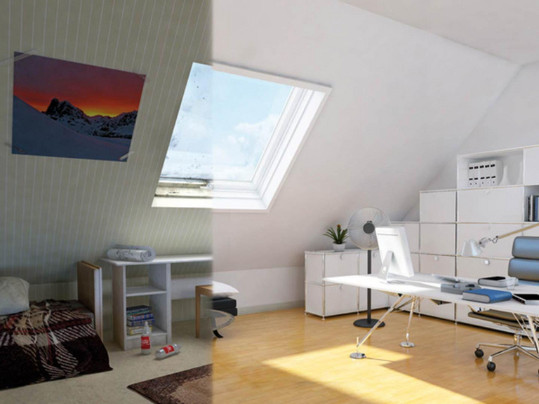 Vorher/Nachher Vergleichsbild eines Arbeitszimmers